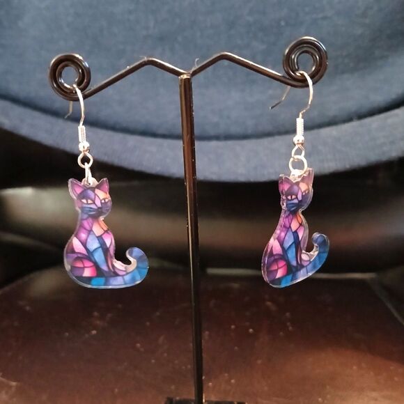 Stained Glass Acrylic CAT Dangle Earrings Cats Kitty Fun Blue Purple - Picture 2 of 5